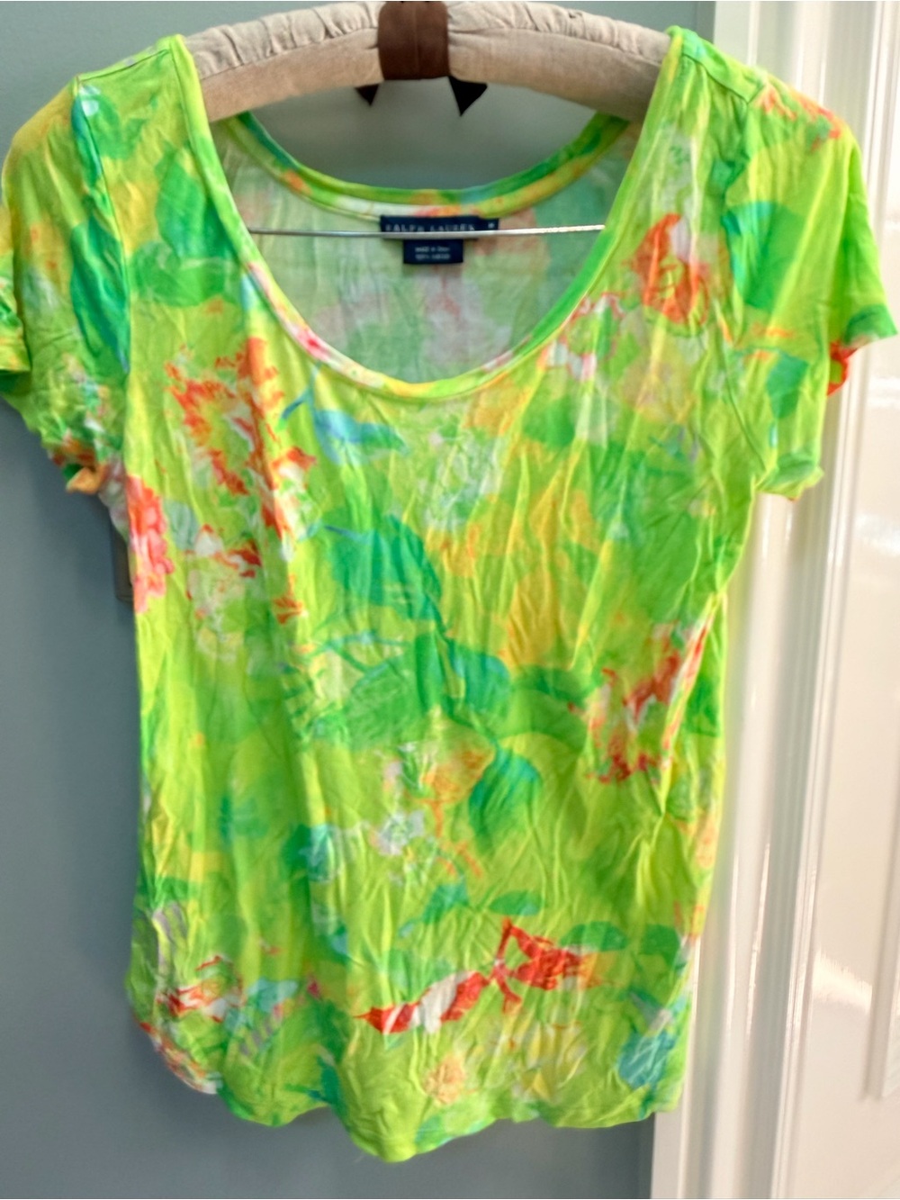 Ralph Lauren Neon Green Floral Scoop Neck Tee